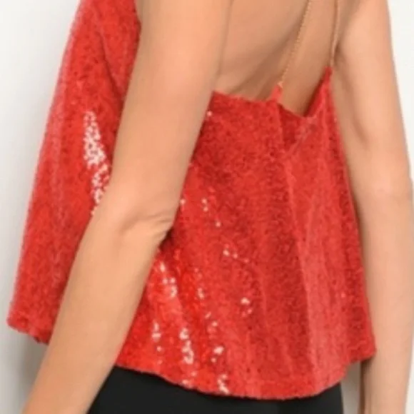 CASEY Sparkling Red Plunging Neck Sequin Swing Top Gold Chain Straps Small NWT - Picture 4 of 5